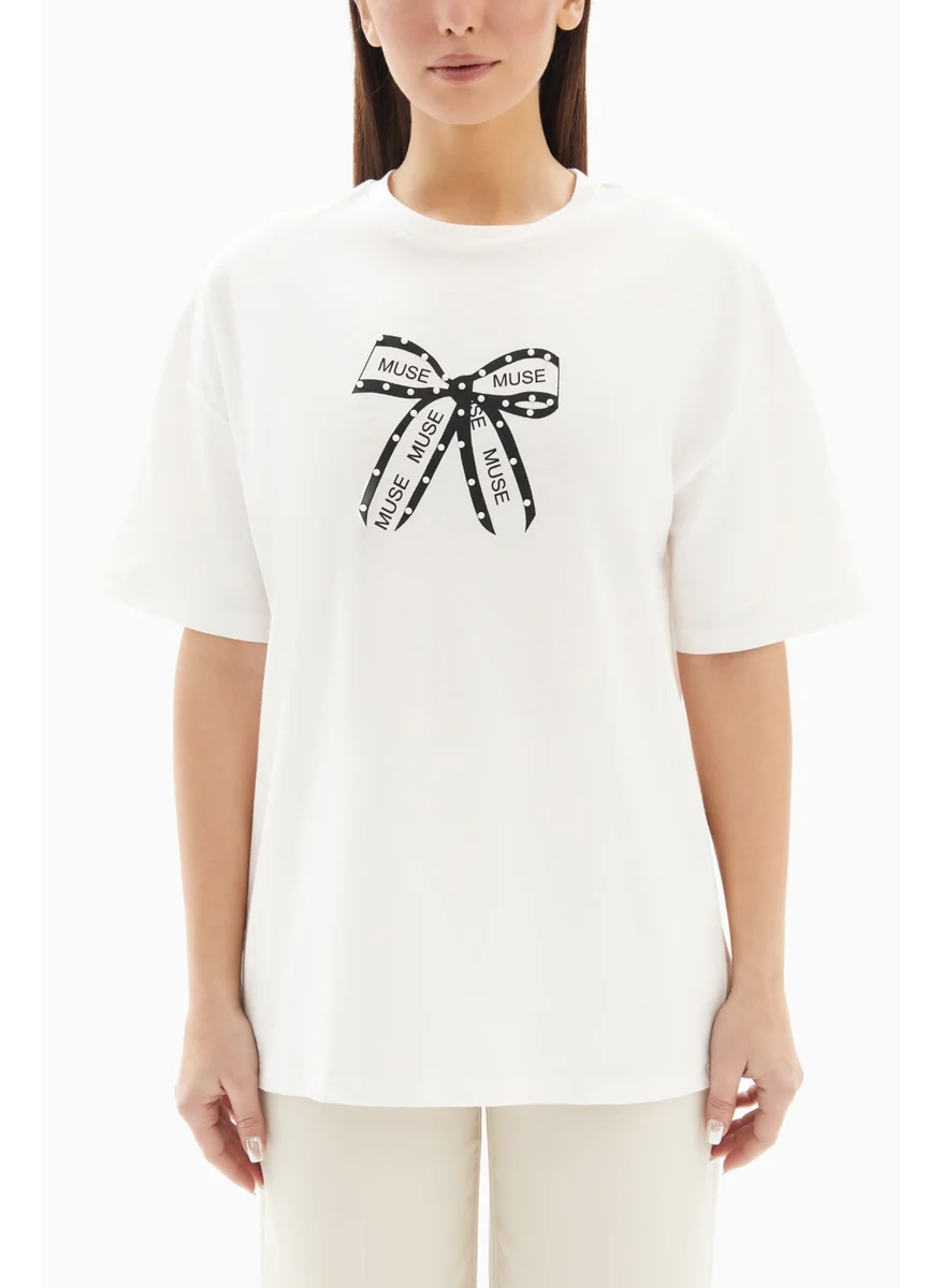 وي كرييت White Bow Printed T-shirt By WECRE8