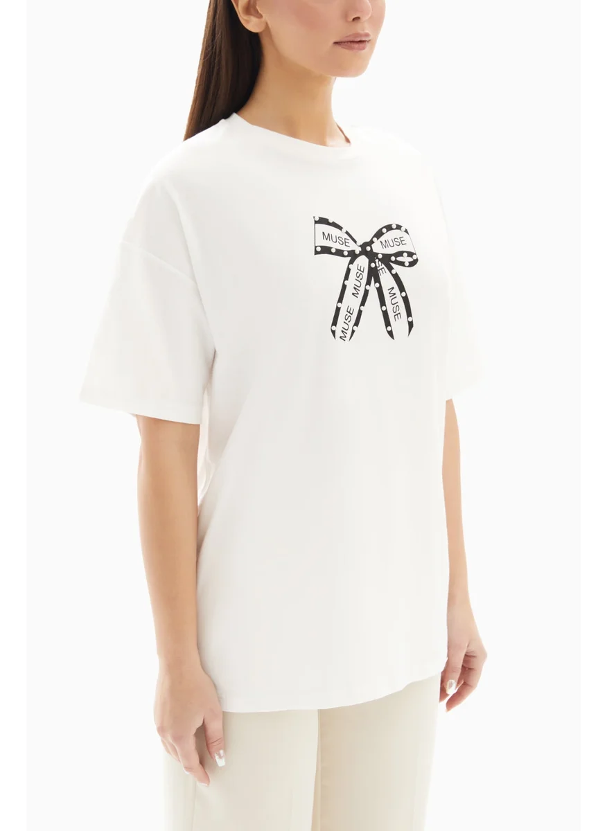 وي كرييت White Bow Printed T-shirt By WECRE8