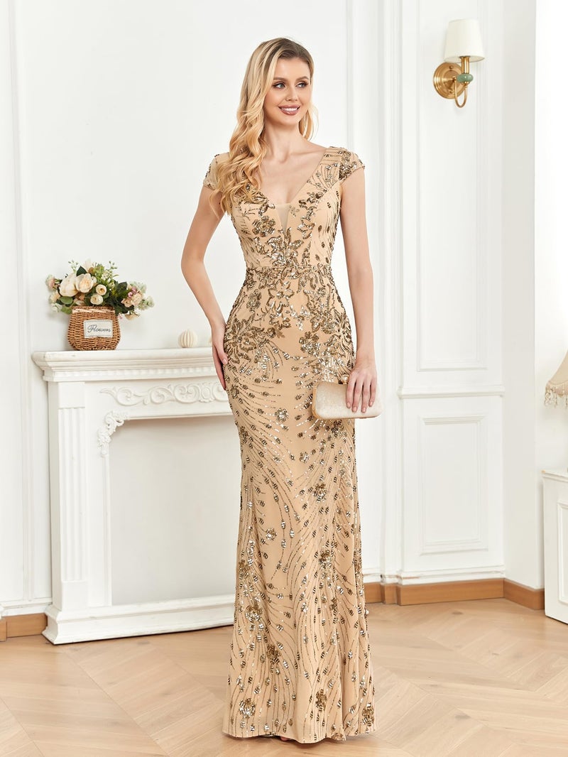 XUIBOL Womens Sequined Long Evening Gown Glamous Sleeveless V-Neck Mermaid Prom Dress for Wedding Party Club Occasions Champagne XL - Image 4