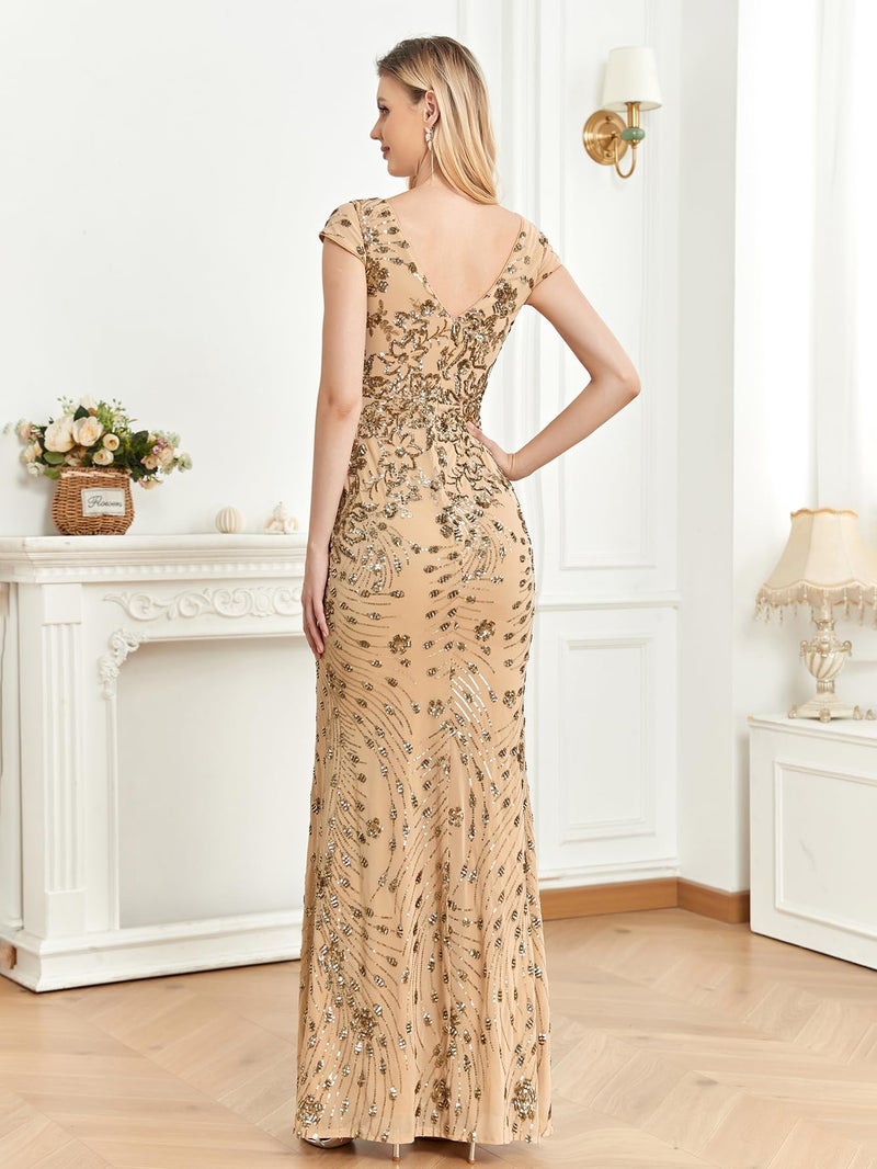 XUIBOL Womens Sequined Long Evening Gown Glamous Sleeveless V-Neck Mermaid Prom Dress for Wedding Party Club Occasions Champagne XL - Image 2
