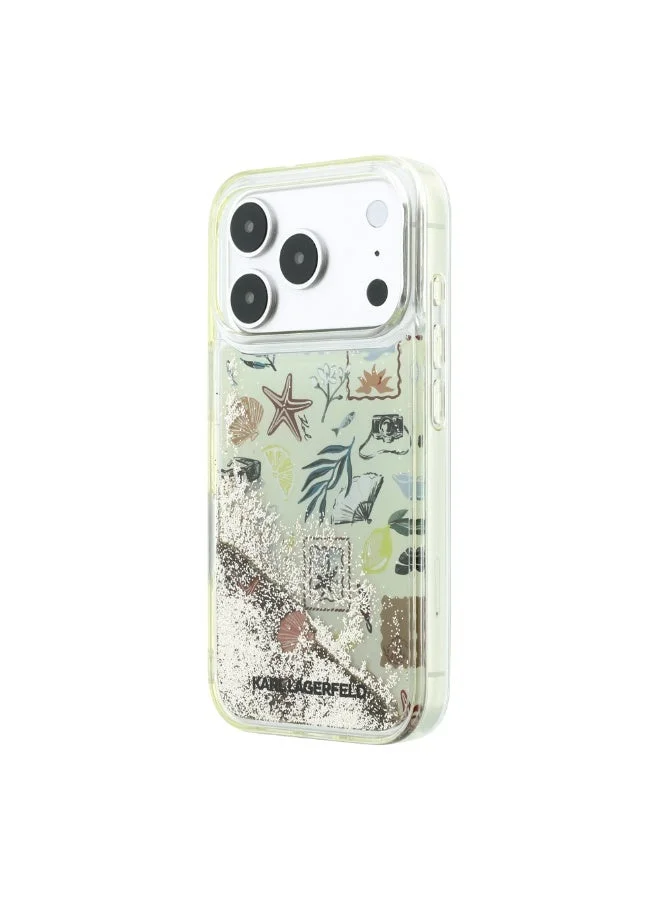 Karl Lagerfeld iPhone 18 Pro Liquid Glitter Case with Floating Beach and Sand Design, Hard Protective Back Cover