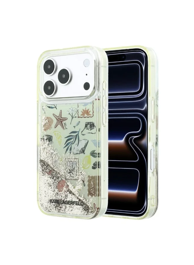 Karl Lagerfeld iPhone 18 Pro Liquid Glitter Case with Floating Beach and Sand Design, Hard Protective Back Cover