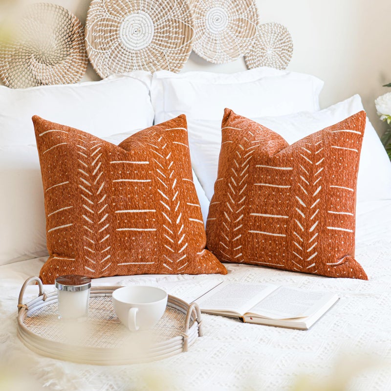 BlissBlush Brick Red Decorative Throw Pillow Covers 18X18, Set of 2, Boho Farmhouse Cushion Cover, Cozy Soft Accent Pillowcase for Couch Sofa Bed Living Room Home Décor - Image 1