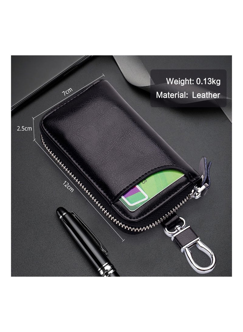 Y&D Leather Car Key Case Genuine Bag Pouch Portable Card Holder Keychain Wallet with 6 Hook for Men Women Black Keyring Zipper - Image 5