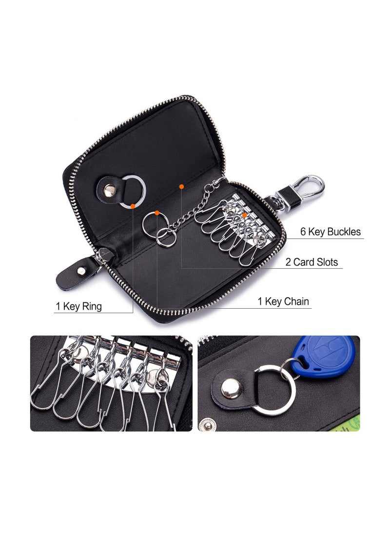Y&D Leather Car Key Case Genuine Bag Pouch Portable Card Holder Keychain Wallet with 6 Hook for Men Women Black Keyring Zipper - Image 4