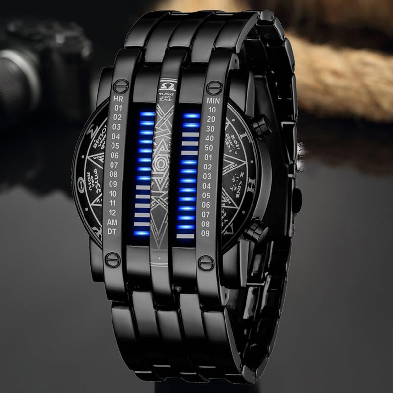 Fanmis ساعة يد رقمية زرقاء LED للرجال من FANMIS بتصميم مبتكر، ساعة كلاسيكية مطلية بالأسود، مقاومة للماء، مع إضاءة خلفية LED (أسود أزرق) - Image 2