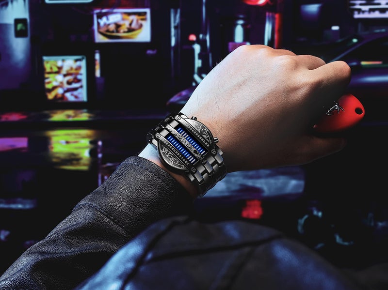 Fanmis ساعة يد رقمية زرقاء LED للرجال من FANMIS بتصميم مبتكر، ساعة كلاسيكية مطلية بالأسود، مقاومة للماء، مع إضاءة خلفية LED (أسود أزرق) - Image 5