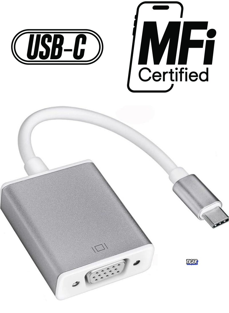 TIGER محول USB Type C إلى VGA – USB-C إلى VGA، محول Thunderbolt 3 إلى VGA، إخراج فيديو بدقة Full HD 1080P، متوافق مع أجهزة متعددة العلامات التجارية – مثالي لأجهزة الكمبيوتر المحمولة، وأجهزة الكمبيوتر، والشاشات، وأجهزة العرض - Image 1