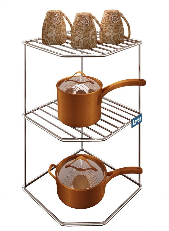 Levon Sturdy Stainless Steel Corner Shelf Rack for Plates, Bowls & Cups in Kitchen - Size (255 x 255 x 320 mm) - Image 1