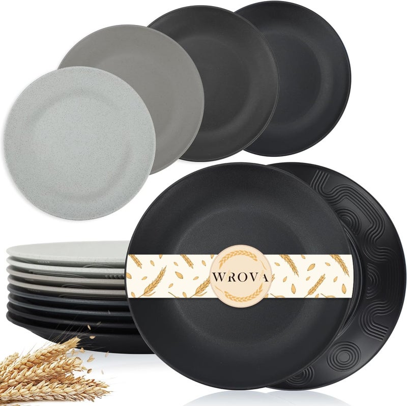 Wrova Wheat Straw Dinner Plates 10 Inch Unbreakable Set of 8  Dishwasher  Microwave Safe Plastic Plates Reusable  Lightweight Plates for kitchencampingsalad  Black to Grey - Image 1