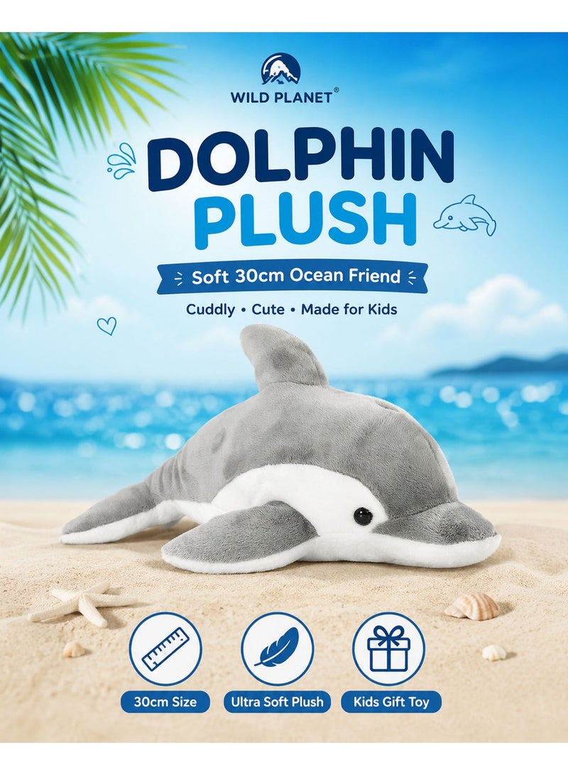 Wild Planet Bottlenose Dolphin Plush Toy 30cm Soft Stuffed Dolphin Animal for Kids Cute Ocean Marine Plushie Cuddly Sea Animal Pillow Durable Hugging Sleeping Companion Gift for Boys Girls Baby Toddler Nursery Bedroom Decor - Image 1