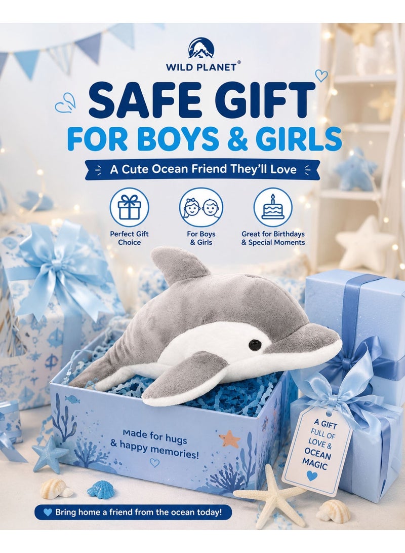 Wild Planet Bottlenose Dolphin Plush Toy 30cm Soft Stuffed Dolphin Animal for Kids Cute Ocean Marine Plushie Cuddly Sea Animal Pillow Durable Hugging Sleeping Companion Gift for Boys Girls Baby Toddler Nursery Bedroom Decor - Image 4