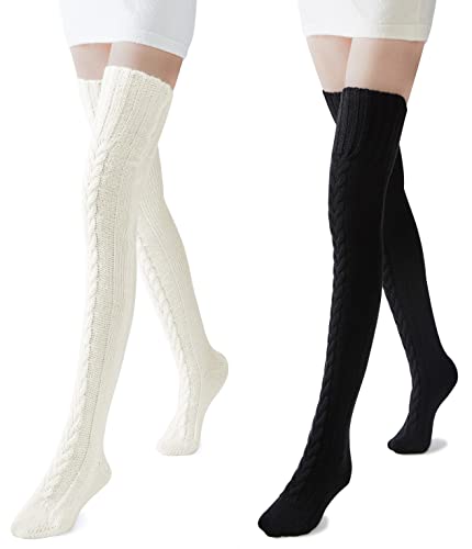 Pcavin Women's Thigh High Socks Over the Knee Cable Knit Boot Socks, Long Warm Fashion Leg Warmers Winter(White&Black) - Image 2