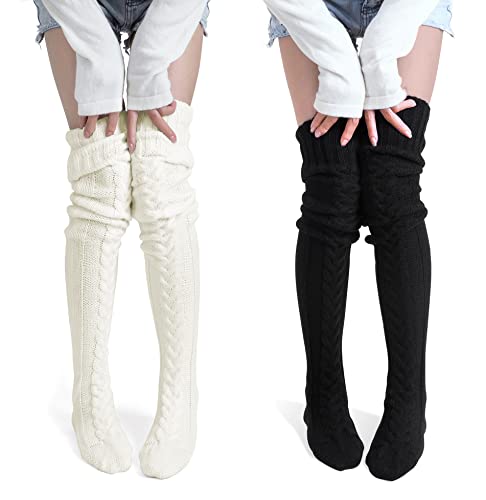 Pcavin Women's Thigh High Socks Over the Knee Cable Knit Boot Socks, Long Warm Fashion Leg Warmers Winter(White&Black) - Image 1