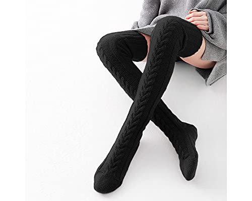 Pcavin Women's Thigh High Socks Over the Knee Cable Knit Boot Socks, Long Warm Fashion Leg Warmers Winter(White&Black) - Image 5