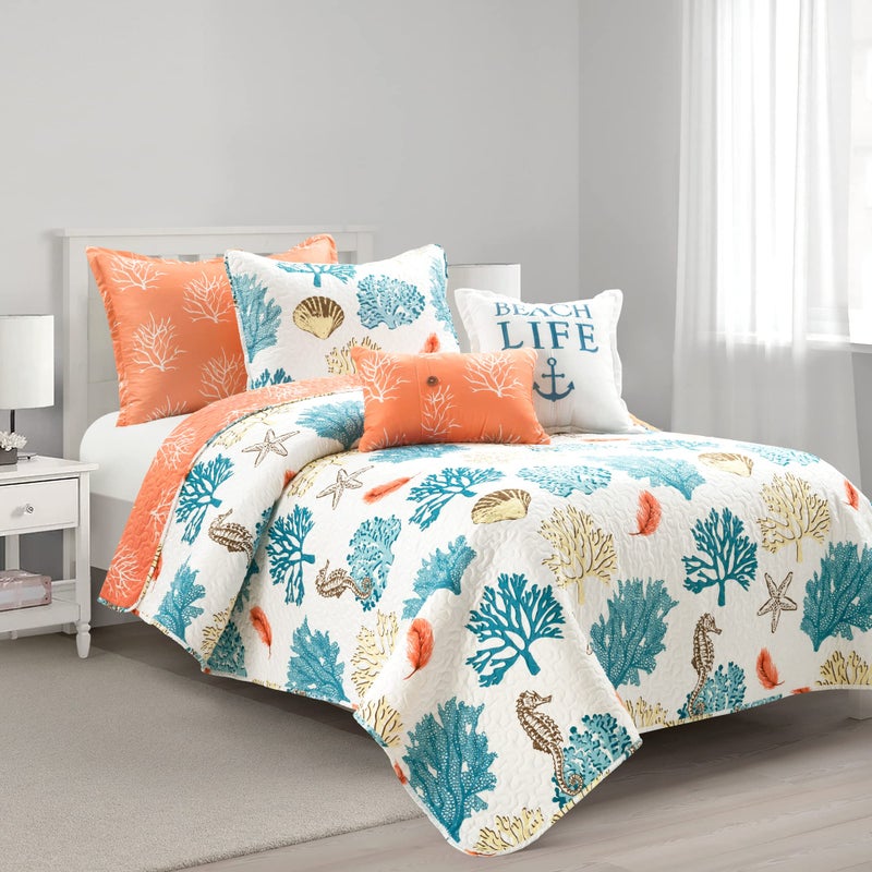 Lush Decor Coastal Reef Feather Reversible Quilt Set 5 Piece Set Twin Twin XL Blue  Coral  Beach Bedding Set  Coastal Twinxl Quilt Sets  Tropical Beach House Decor For Kids Or Teens Dorm Room
