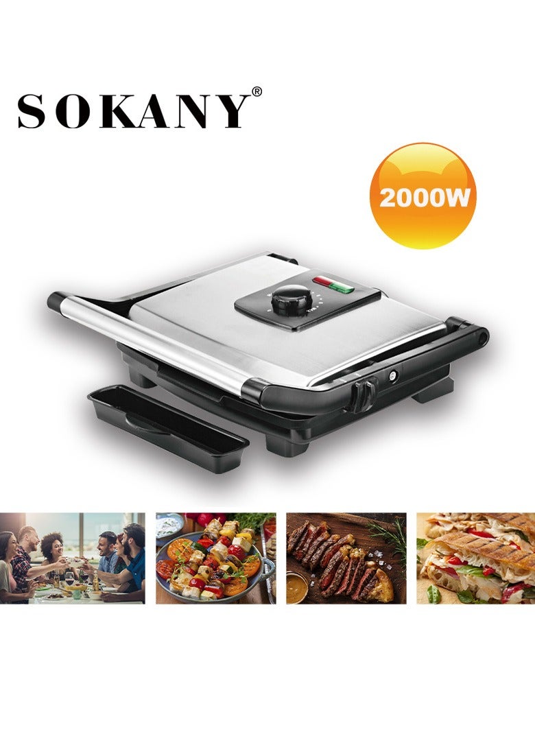 سوكاني ماكينة كهربائية متعددة الوظائف لشواء شرائح اللحم، ماكينة صنع بانيني، ماكينة صنع الخبز، 2000 واط، KJ-202، أسود - Image 2