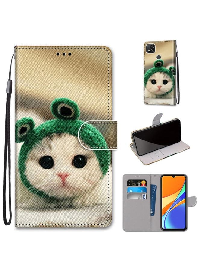 HuHa Case Cover For Xiaomi Redmi 9C Coloured Drawing Cross Texture Horizontal Flip PU Leather Case with Holder & Card Slots & Wallet & Lanyard Frog Kitten 