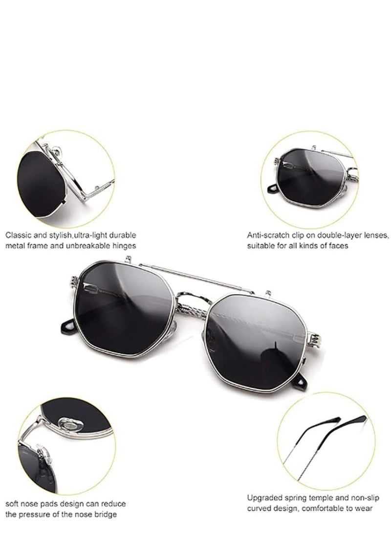 Zikra Fashion Polarized Sunglasses, Flip Up Sunglasses, Shades UV Protection Sun Glasses, Men Women Polarized Steampunk Flip Sunglasses with Double Lenses - Image 2