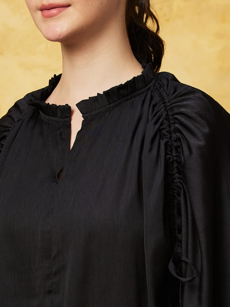 globus Women Black Extended Sleeves Ruched Top