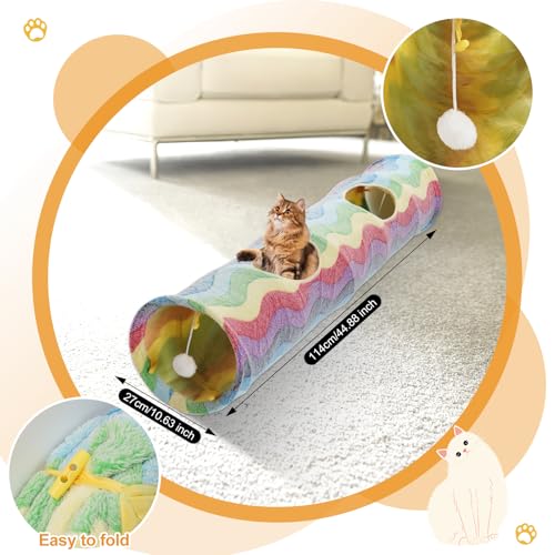 YEACO Straight Cat Tunnel with Four Holes and Hanging Ball for Indoor Cat Exercise, Interactive Crinkle Inside Material - Image 3