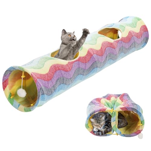 YEACO Straight Cat Tunnel with Four Holes and Hanging Ball for Indoor Cat Exercise, Interactive Crinkle Inside Material - Image 1