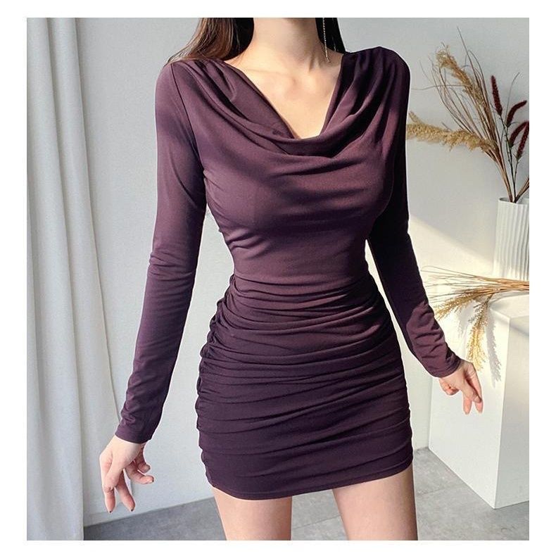 South Korea 2024 Spring and Summer New Slim Fit Slimming Elegant Swing Collar Figure Pleated Long Sleeve Bag Hip Base dress Black - Image 2