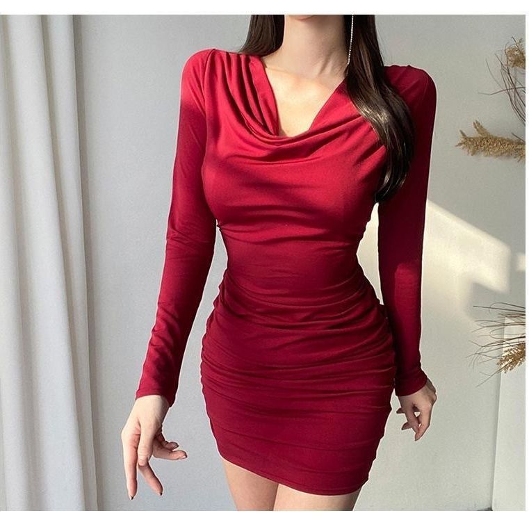 South Korea 2024 Spring and Summer New Slim Fit Slimming Elegant Swing Collar Figure Pleated Long Sleeve Bag Hip Base dress Black - Image 3