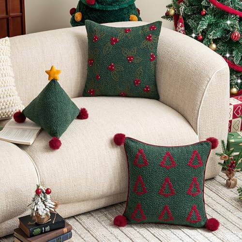 MOCOFO Christmas Throw Pillow Covers Festive Boucle Embroidered Holiday Accent Cushions for Sofa Couch Bed Decor 18x18 Inch Square Designs Covers Only Spruce - Image 3
