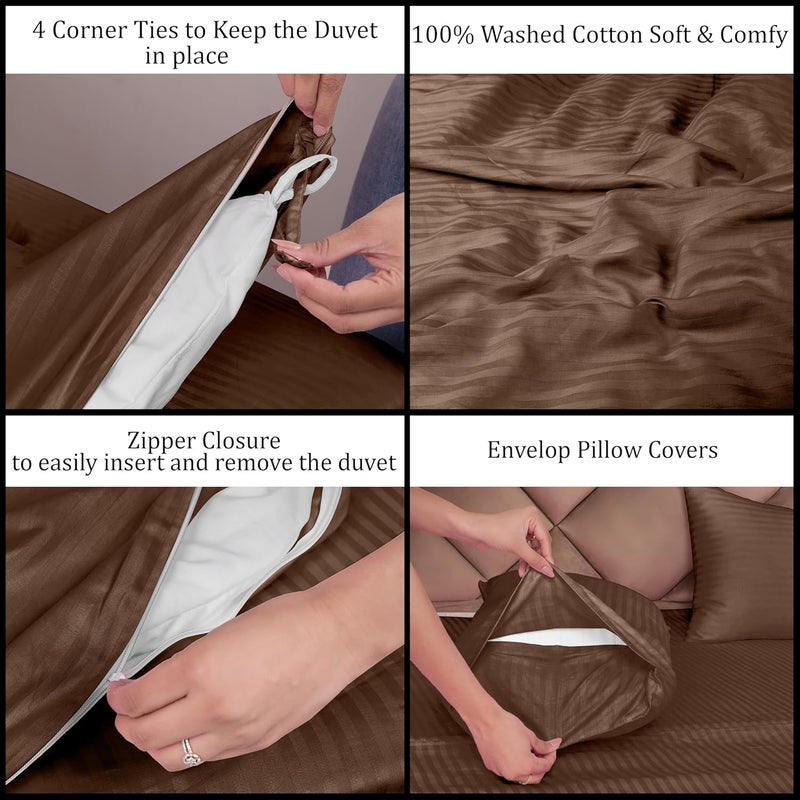 Daksh Premium Cotton 300TC Stain Striped King Size Duvet CoverQuiltRazaiComforter Cover 102 x 110 with 2 Pillow Covers Brown - Image 3