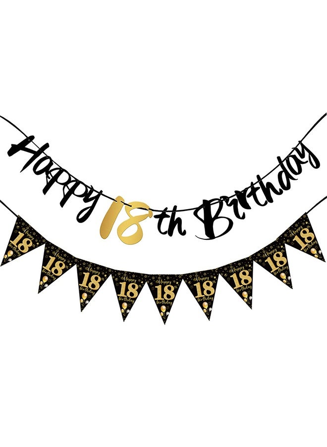 18th Birthday Decoration Kit, Happy 18th Birthday Banner Bunting, Birthday Party Decoration Supplies Pennant Banner Black and Gold 18th, Birthday Party Scene Arrangement - Image 1