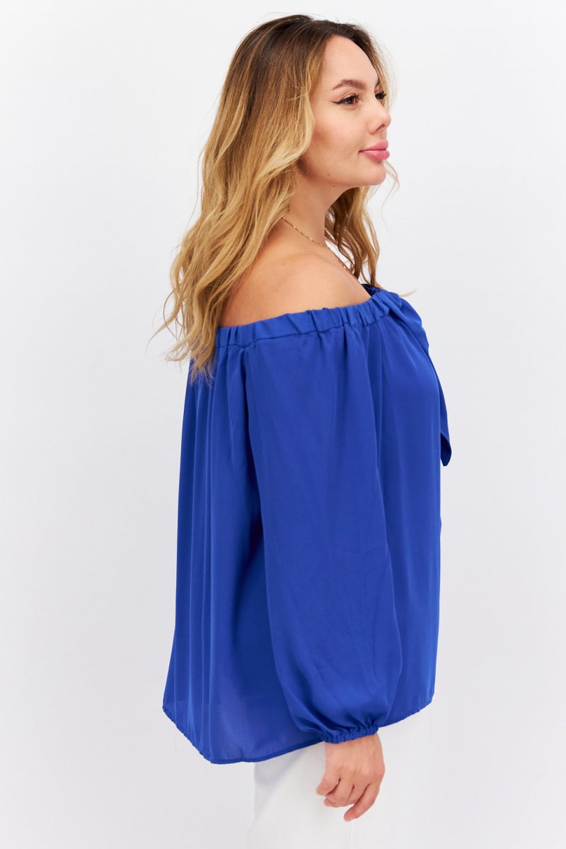 Riley & Rae Women Off Shoulder Long Sleeve Blouse, Blue - Image 2