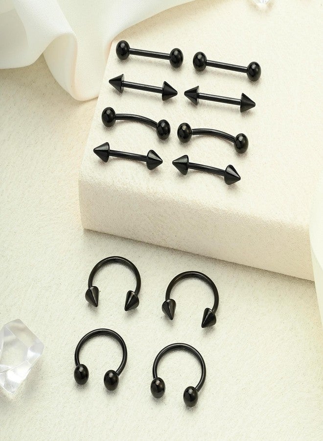 FECTAS 14G Straight Curved Horseshoe Barbells Snake Eyes Tongue Rings Nipplerings Belly Eyebrow Ring Black Stainless Steel Piercing Jewelry Pack 12pcs - Image 3
