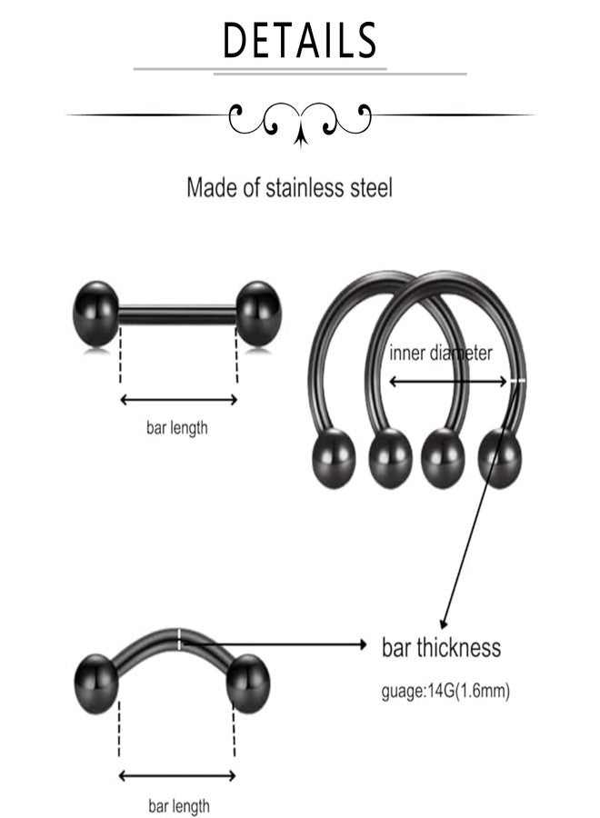 FECTAS 14G Straight Curved Horseshoe Barbells Snake Eyes Tongue Rings Nipplerings Belly Eyebrow Ring Black Stainless Steel Piercing Jewelry Pack 12pcs - Image 2