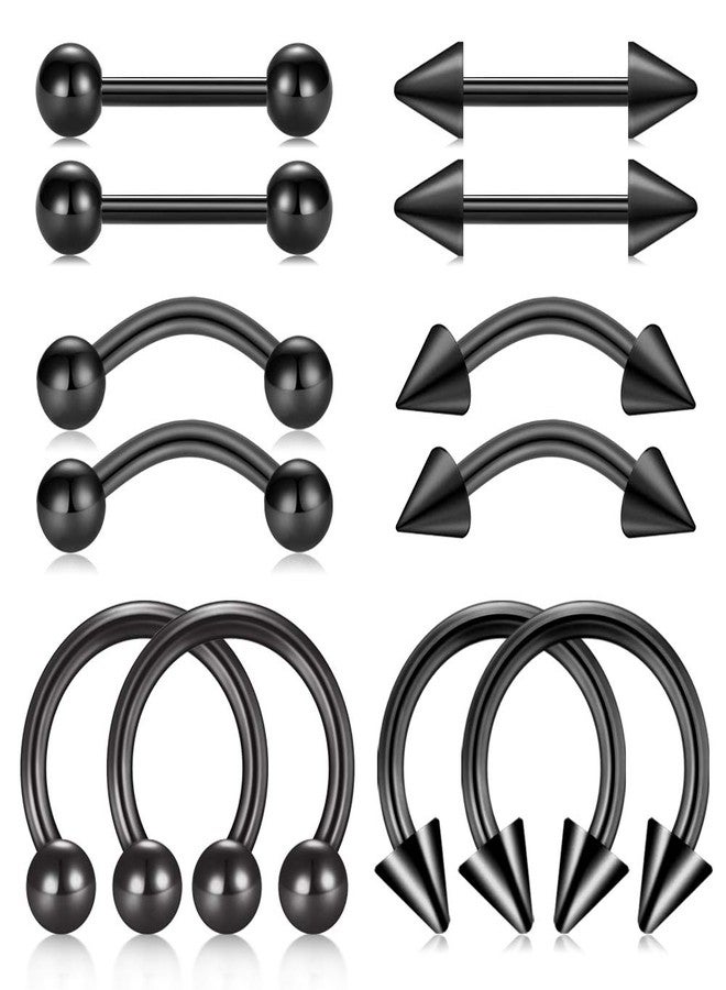 FECTAS 14G Straight Curved Horseshoe Barbells Snake Eyes Tongue Rings Nipplerings Belly Eyebrow Ring Black Stainless Steel Piercing Jewelry Pack 12pcs - Image 1