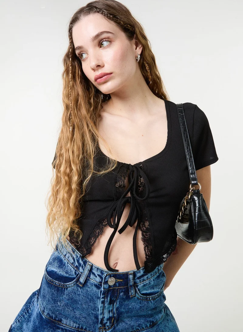Pink Vanilla  Ribbed Lace Tie Front Top for Women | Best Price UAE