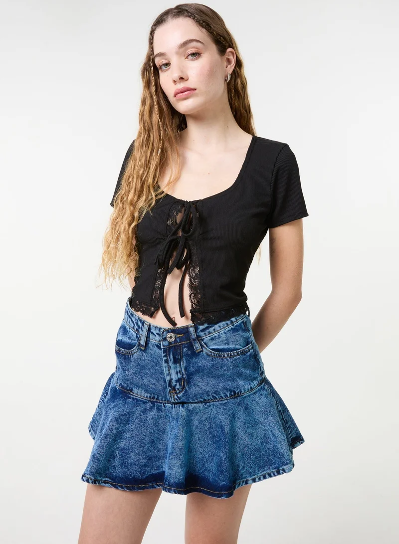Pink Vanilla Ribbed Lace Tie Front Top