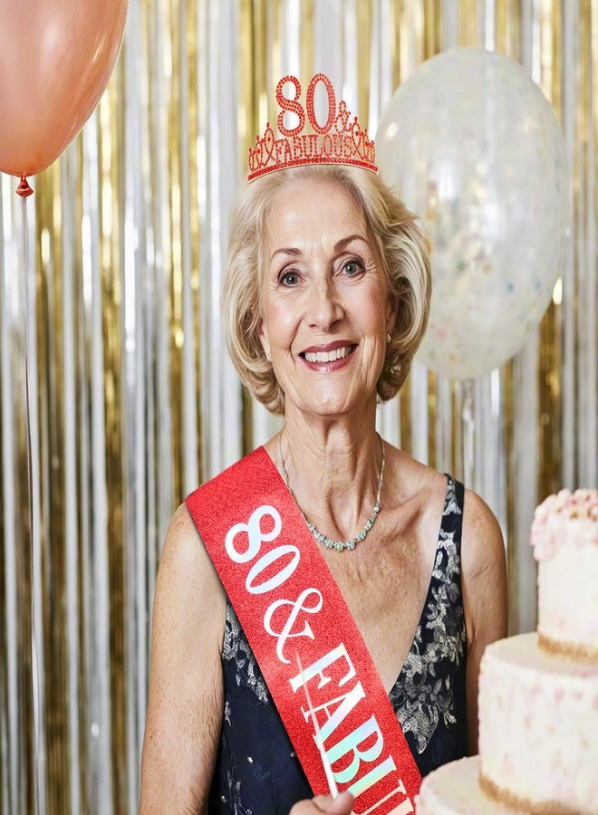 هابدو زينة عيد ميلاد هابدو الأحمر الثمانين للنساء، وشاح وتاج هدايا عيد ميلاد سعيد للنساء، تاج أحمر 80 ووشاح رائع، لوازم حفلات - Image 5