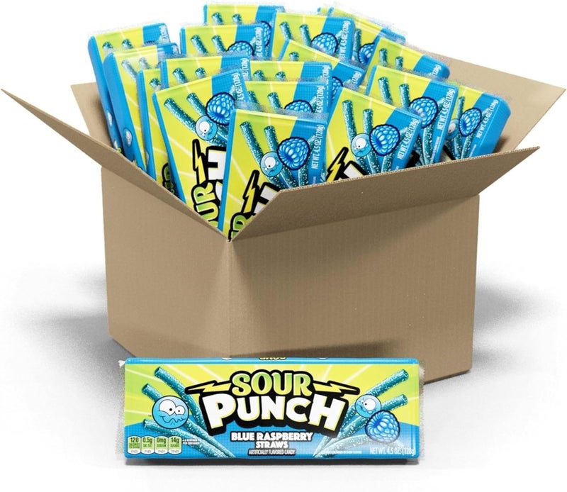 Sour Punch Straws Blue Raspberry Flavor - Soft & Chewy Candy, 4.5oz Tray (24 Pack) - Image 1