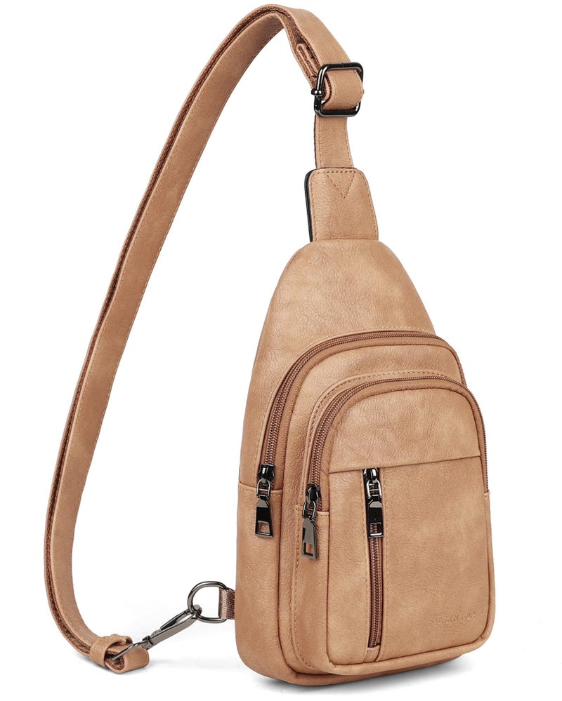 MASINTOR Sling Bag for Women - Crossbody Bags Fanny Pack with Vegan Leather - Adjustable Sling Backack for Travel Camel Brown - Image 1