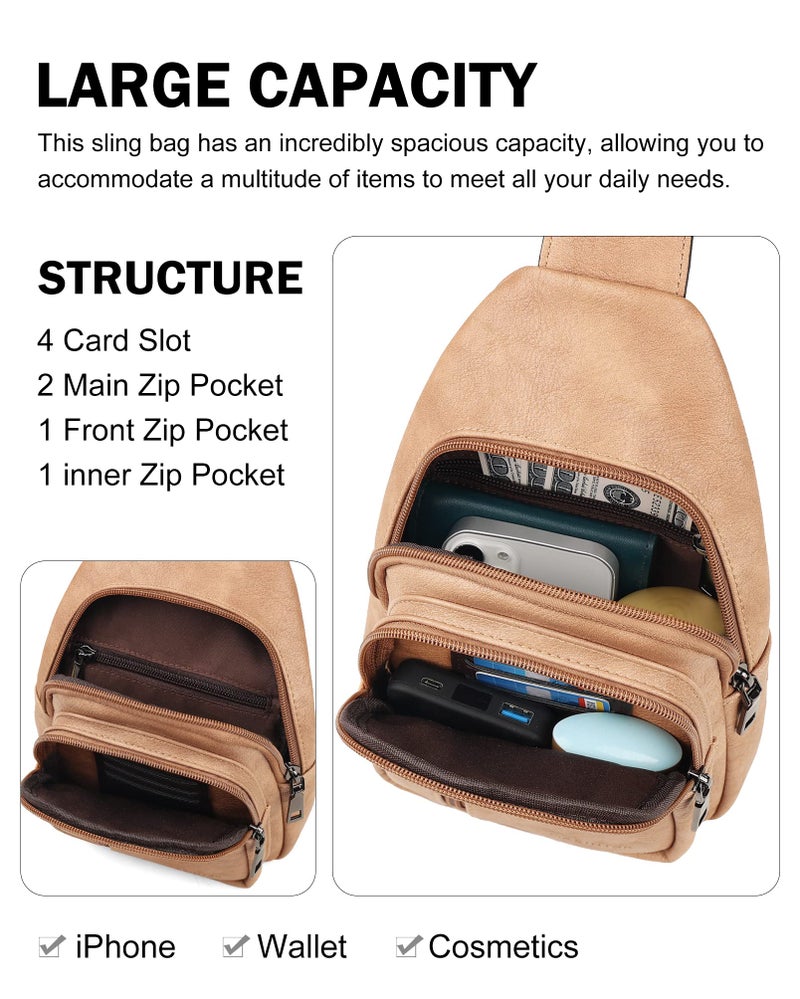 MASINTOR Sling Bag for Women - Crossbody Bags Fanny Pack with Vegan Leather - Adjustable Sling Backack for Travel Camel Brown - Image 3