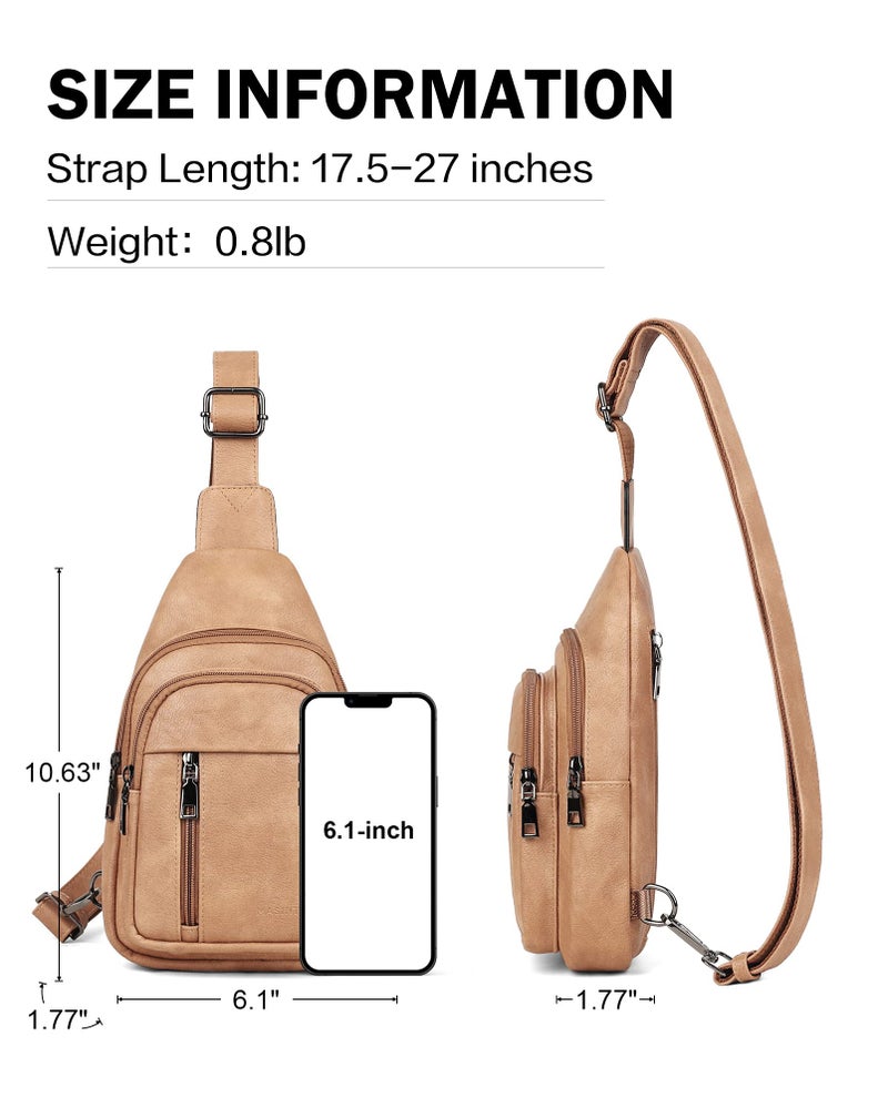 MASINTOR Sling Bag for Women - Crossbody Bags Fanny Pack with Vegan Leather - Adjustable Sling Backack for Travel Camel Brown - Image 4