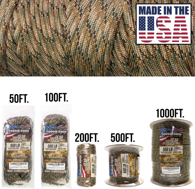 TOUGH-GRID Premium 550lb Paracord Rope - Made in USA - 100% Nylon Type III Mil-Spec - UV & Abrasion Resistant - Heavy Duty Strands - Outdoor Survival Rope - Used by US Military - 500ft - Mixed Camo - Image 2