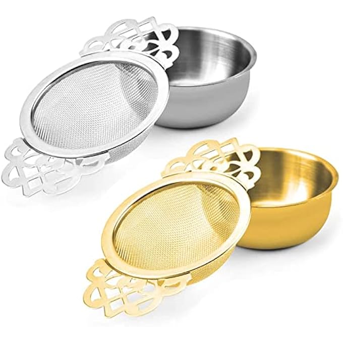 KASTWAVE Tea Strainer Bowl 2 Pack Stainless Steel Tea Strainers For Loose Tea Fine Mesh Fit 254 Inch Cup Mouth Silver  Gold - Image 1