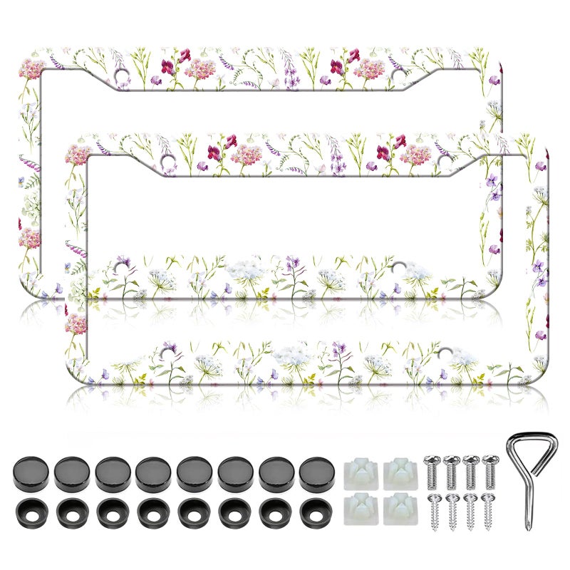 LIN KANG Wildflowers Floral License Plate Frames 2 Pack White Flower License Plate Frame Holder for Women Aluminum Metal RustProof Waterproof Car Decorative Tag Frame for Standard US 12x6 Inch - Image 3