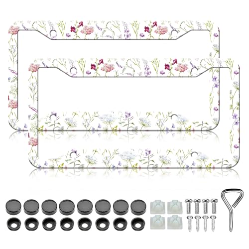 LIN KANG Wildflowers Floral License Plate Frames 2 Pack White Flower License Plate Frame Holder for Women Aluminum Metal RustProof Waterproof Car Decorative Tag Frame for Standard US 12x6 Inch - Image 1