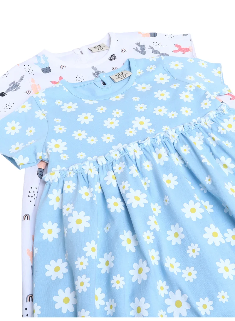Victor And Jane Pack Of 2 Girls Floral Print Cotton Dress – Short Sleeve Summer Daywear for Women | Best Price UAE