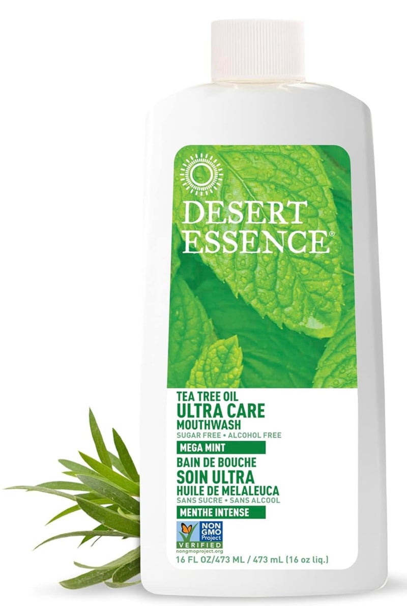 Desert Essence Natural Tea Tree Oil Ultra Care Mouthwash - Mega Mint - 16 Fl Oz - Freshens Breath - Defends Against Sugar Acids - Vitamin C - Soothes Gums - Whitening Floss - Removes Food Debris - Image 1