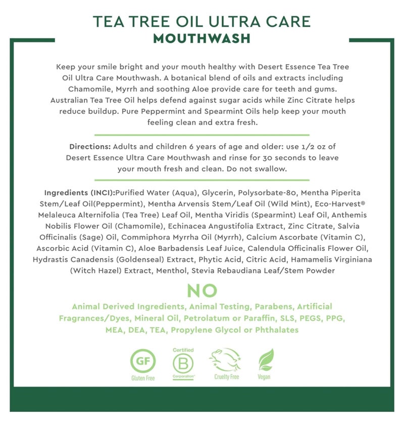 Desert Essence Natural Tea Tree Oil Ultra Care Mouthwash - Mega Mint - 16 Fl Oz - Freshens Breath - Defends Against Sugar Acids - Vitamin C - Soothes Gums - Whitening Floss - Removes Food Debris - Image 3