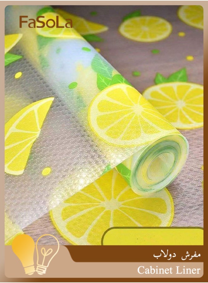 Fasola 1 Roll 30x300cm Cabinet Liner, Waterproof Drawer Mat, Non-Adhesive EVA Shelf Liner, Anti-Slip Kitchen Mat, Protective Refrigerator Mat for Pantry Shelves and Cupboards, Washable Home Organizer (Fresh Lemon Print - Yellow & Green) - Image 1